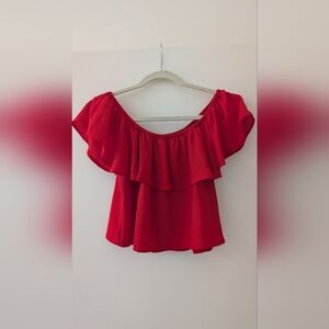 Design Lab Lord & Taylor Red Off-Shoulder Ruffle Crop Top